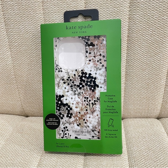 NEW Kate Spade iPhone 15 Pro Phone Case Clear Black White Gold Rhinestone Floral - Picture 1 of 4